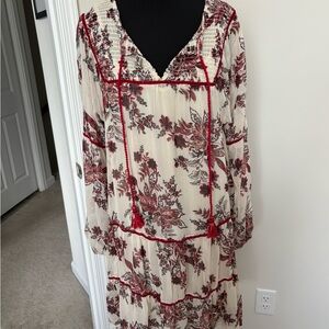 Cream Long-Sleeve Floral Tiered Dress with Red Trim
